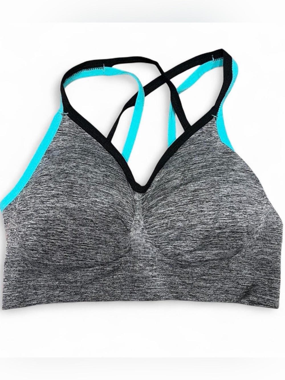 Seamless Gray Sports Bra with Teal Straps - Comfortable Support